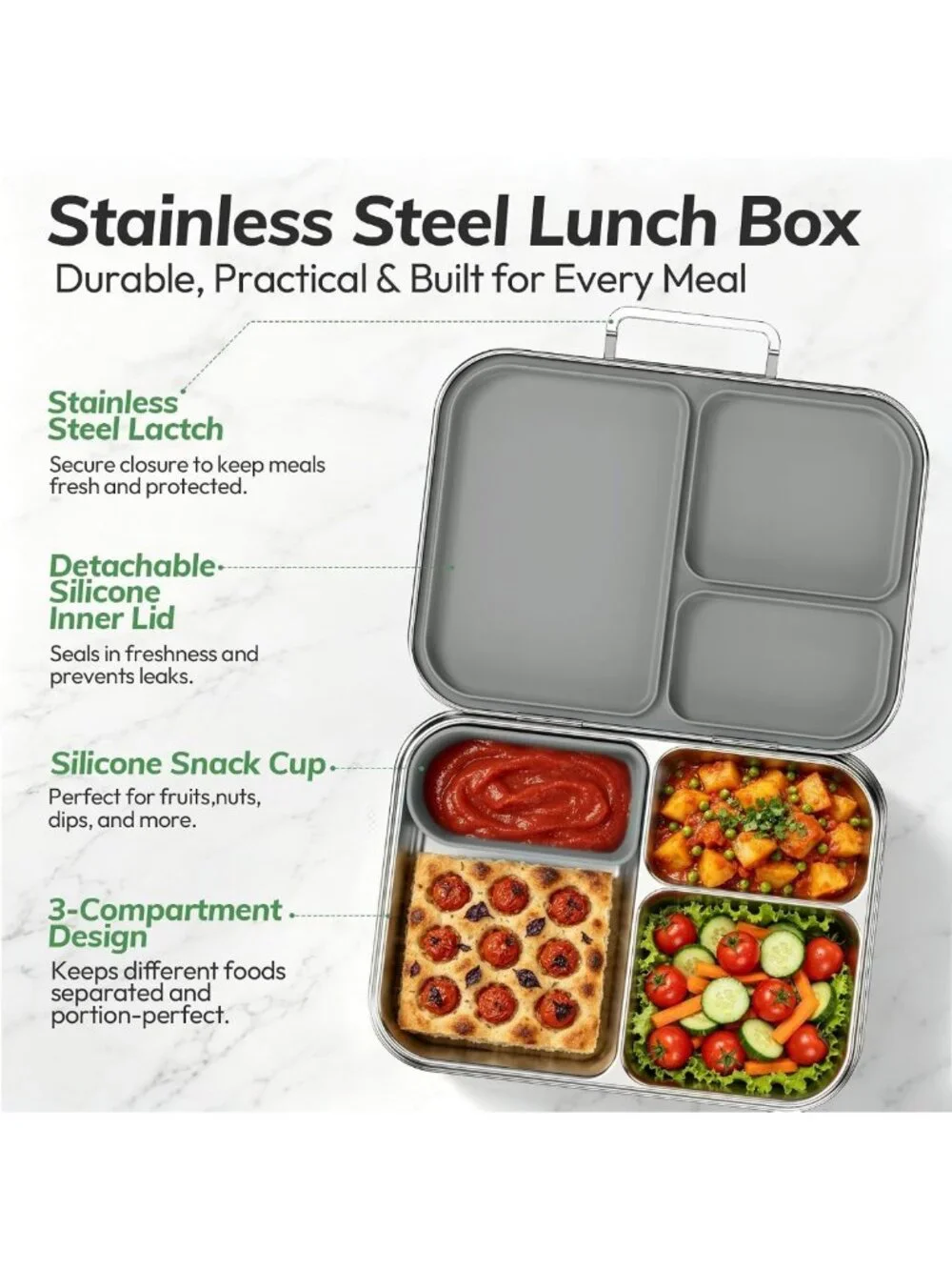 Leak-Resistant Stainless Steel Bento Lunch Box, 3 Compartments, BPA-Free, Grey
